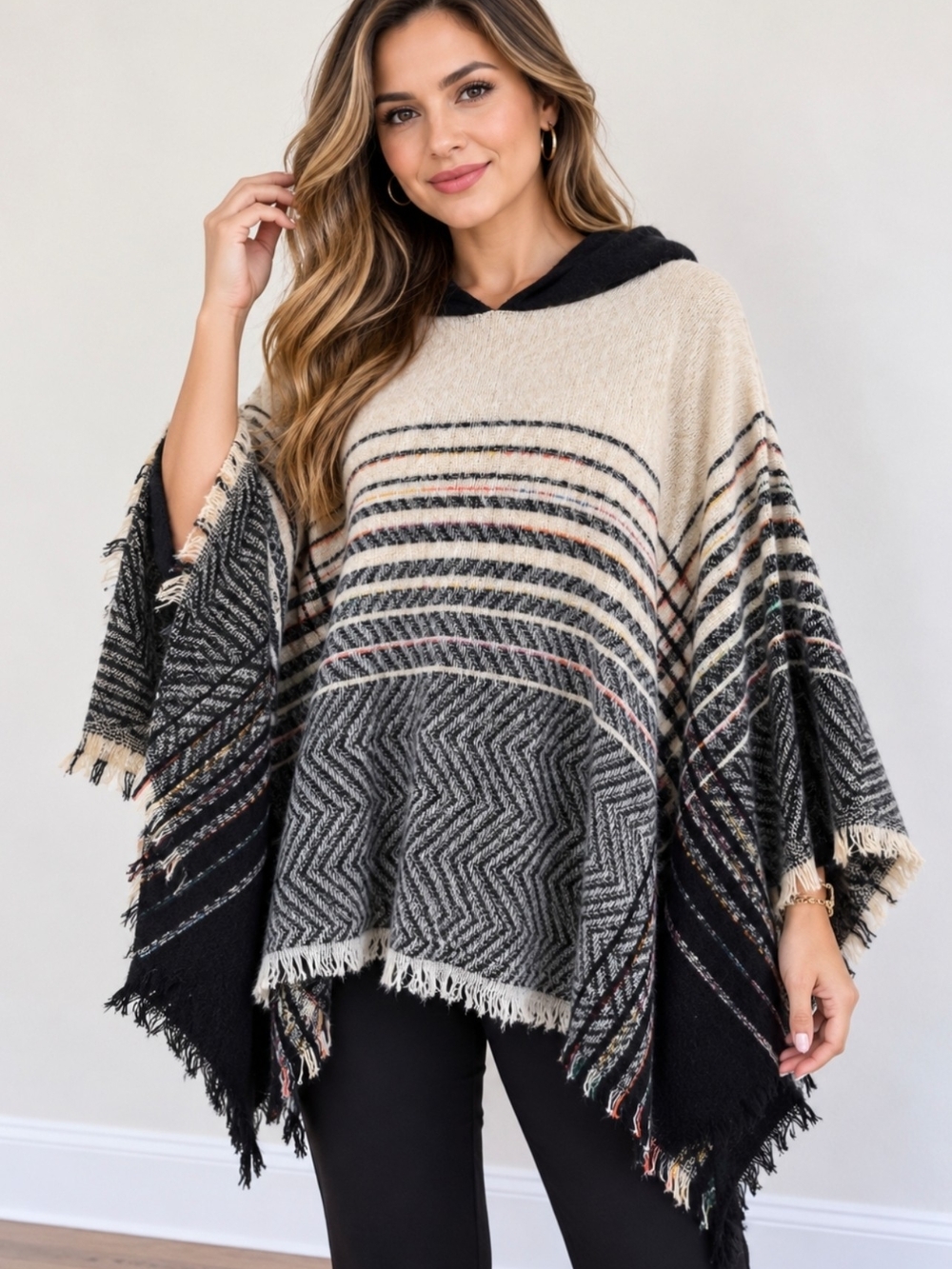 Marc New York Andrew Marc Hooded Poncho One Size Black Cream Striped Fringe